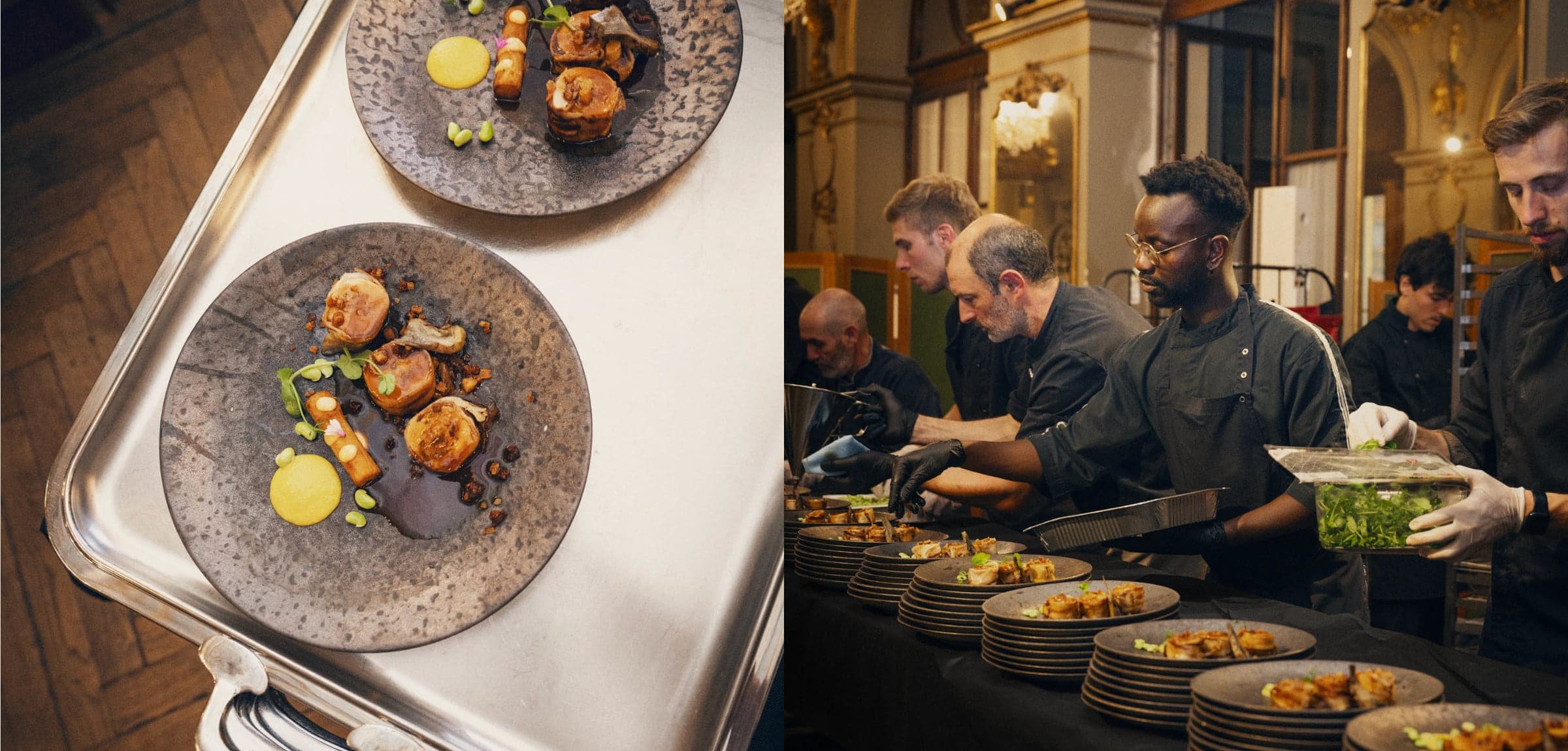Assiettes dressées et brigade en plein service